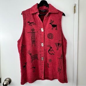 Bfofo Tribal Art Print Fleece Vest Women’s size L Red Black Lagenlook Boho
